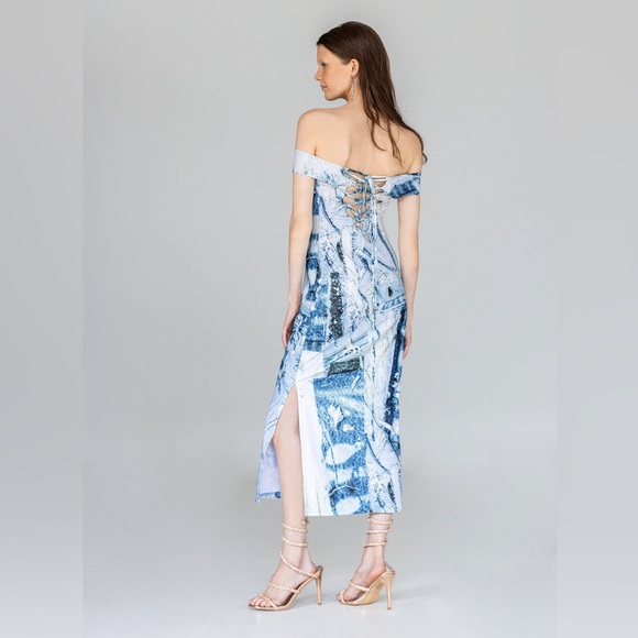HILDUR YEOMAN The Off Shoulder Dress in Denim Patch - Picture 2 of 14